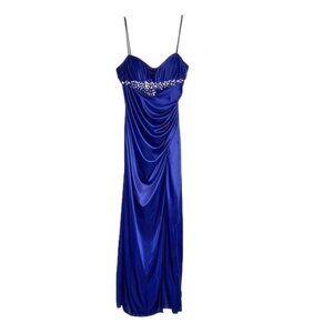 Reign On Bright Navy Blue Satin Speghetti Strap Formal Dress with Rhinestones L